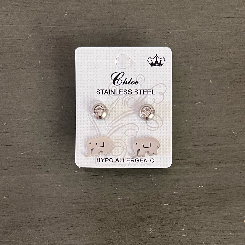 Silver Elephant & Rhinestone Post Stainless Steel 1/2” Earrings 2 Piece Set Pair